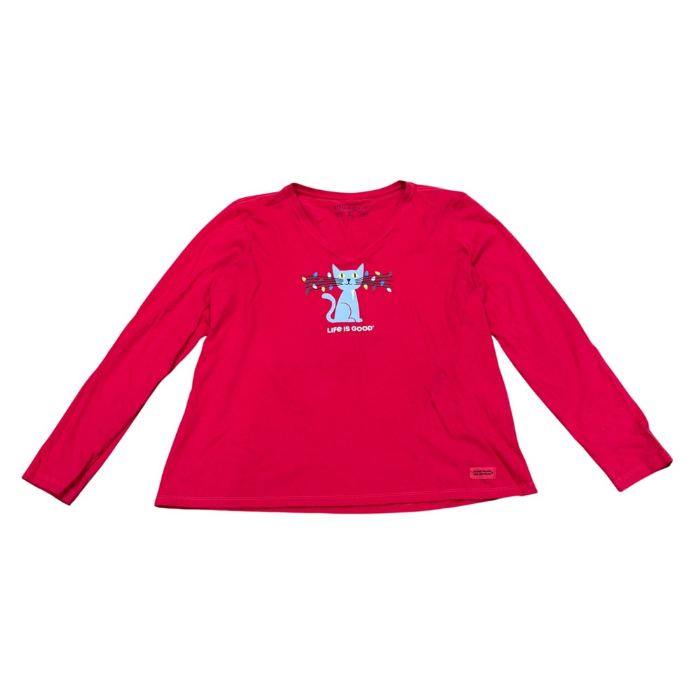 Life Is Good Lit Up Cat Long Sleeve Crusher Tee V-Neck Christmas Lights Red XL